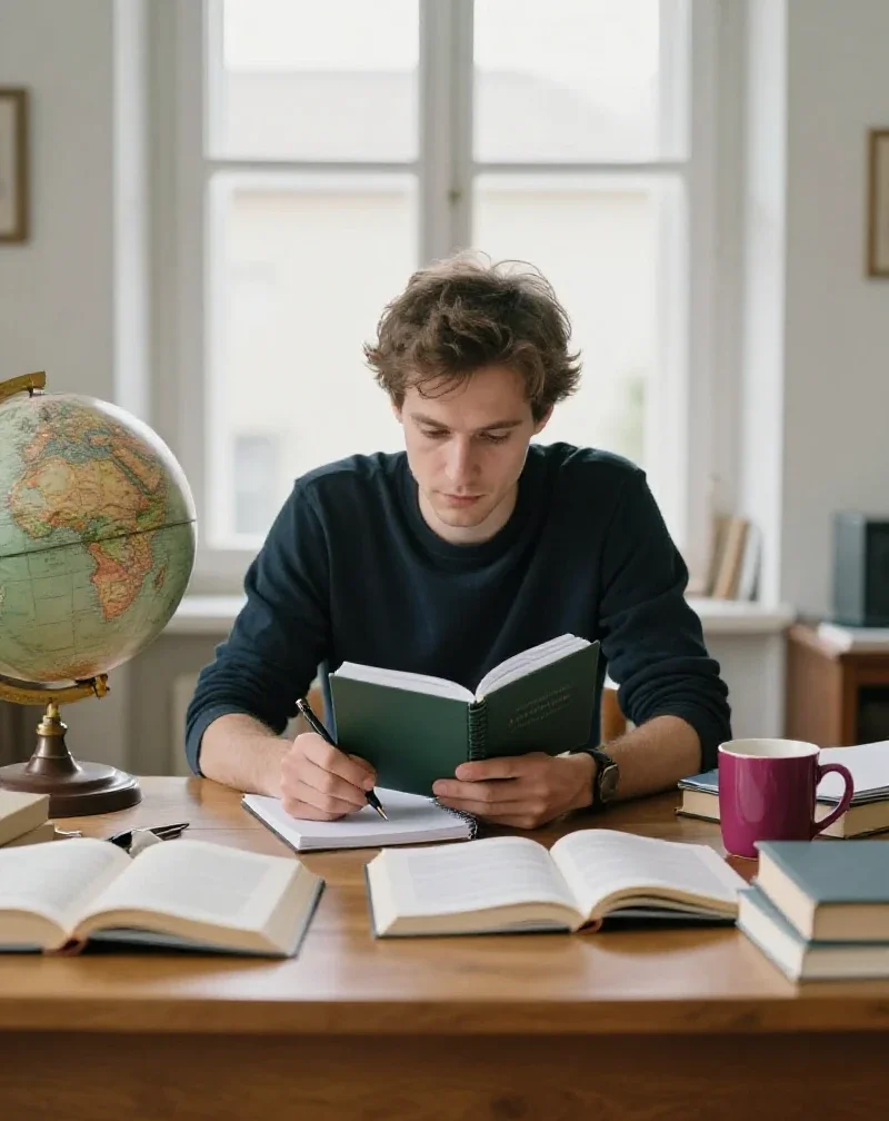 Un chercheur explore différents domaines par la lecture pour illustrer la curiosité intellectuelle du généraliste.