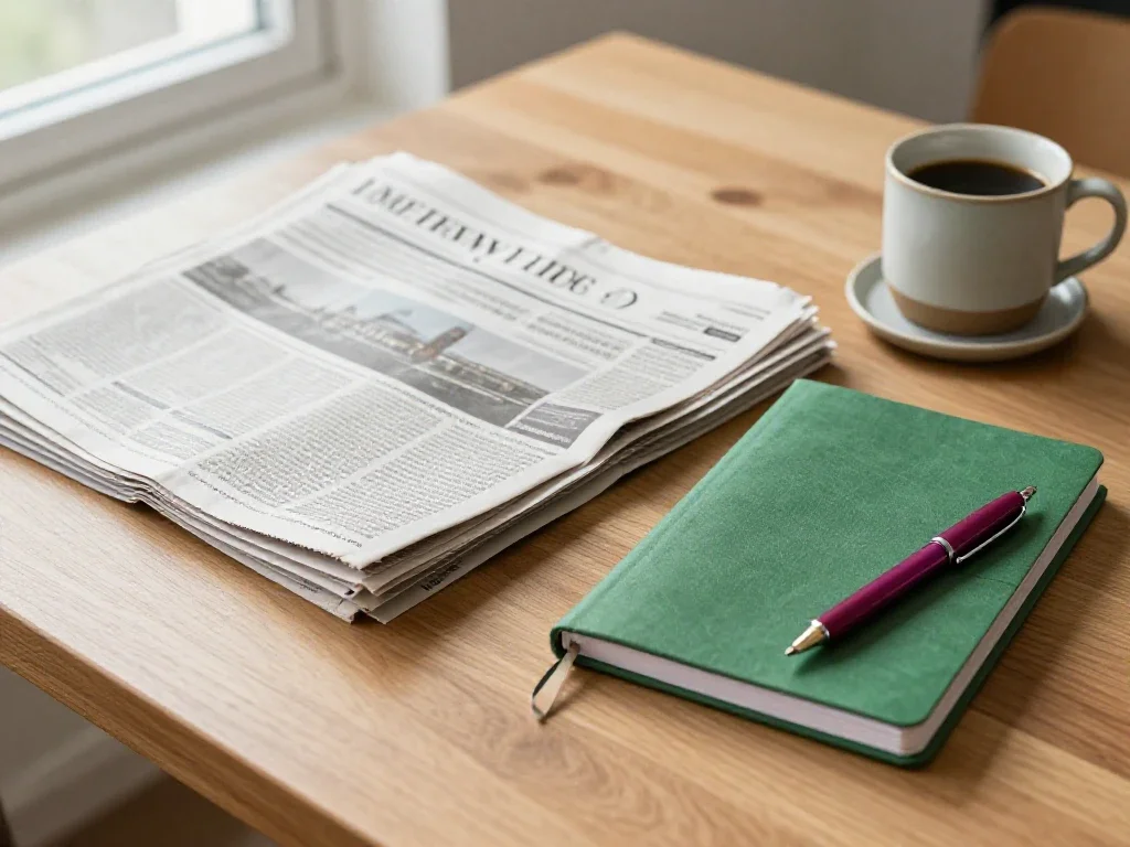 Table de travail avec journaux et carnets illustrant la phase de recherche et d'analyse.